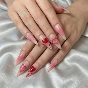 Valentines Press on Nails Long Fake Nails Almond Artificial Nail Pink Heart Love Designs Seeneey Cute Stick on Nail for Women 24pcs