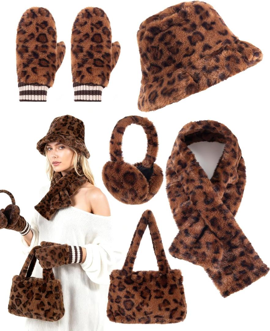 Gifts Sets for Women-5 Piece, Faux Fur Bucket Hat and Glove Set, Valentines Gifts for Her Wife Sister Girlfriends (Leopard Print Deep)