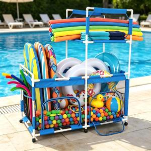 Pool Float Storage Bin, Mesh Organizer for Pool Noodles Holder, Pool Toy Storage, Ultimate Outdoor Pool Toy Storage Bin for Noodles, Toys, Floats, 650Gallons, 63’’ L Extra Large Pool Storage Cart