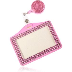 Fashion Premium Baby Pink Crystal Neck Lanyard,Retractable Bling ID Name Badge Holder,Portable Rhinestone Work Badge Reel Clip for Nurse,Teacher,Women,Doctor(Horizotal Card Holder)
