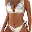 JAZARA Womens Metallic Silver Bikini Set String Triangle Sexy Two Piece Swimsuit Bathing Suit, Small.Small