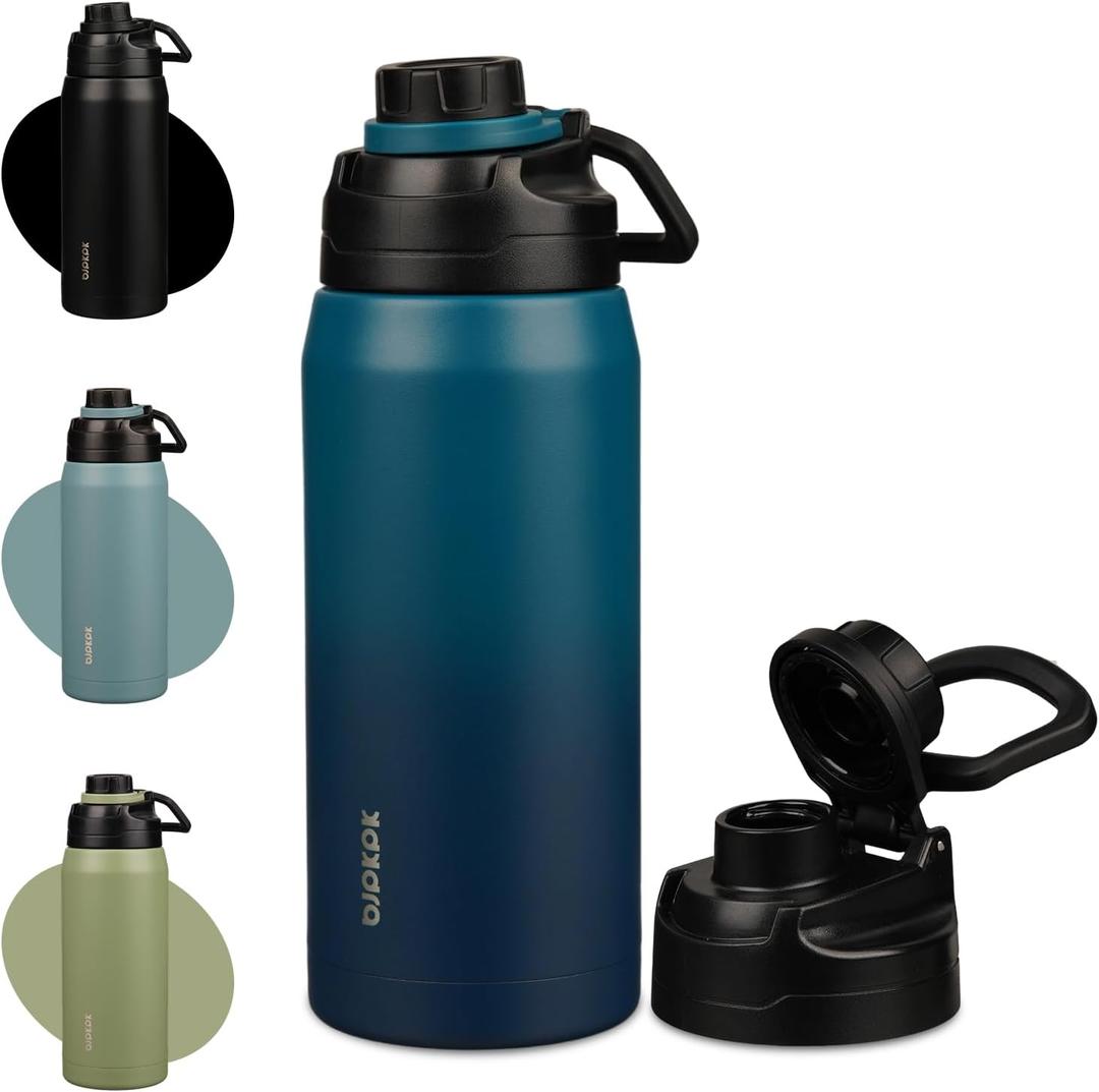 BJPKPK 36oz Insulated Water Bottle,Stainless Steel Bottles with Leakproof Spout Lid,Large Water Jug Wide Mouth,Keep Drinks Cold and Hot,Sea