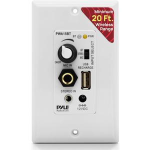 Pyle Wireless BT Receiver Wall Mount - 100W In-Wall Audio Control Receiver w/ Built-in Amplifier, USB/Microphone/Aux (3.5mm) Inputs, Speaker Terminal Block, Connect 2 Speakers, White - PWA15BT