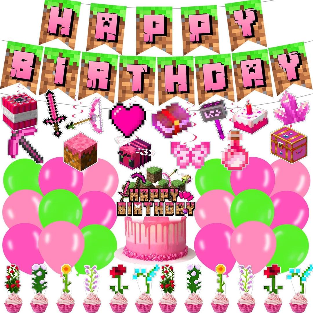 Pink Pixel Birthday Party Decorations.Pink Pixel for Mining Gamer Party Supplies Pixel Banner Swirls Cake Toppers Gaming Parties Set for Mining Video Game Parties Decorations