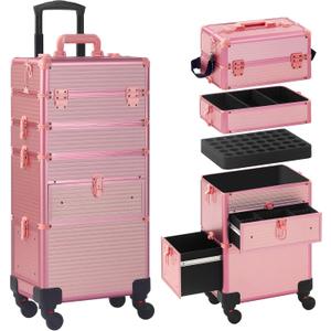 Rolling Makeup Case with Drawer, Makeup Train Case, 4 in 1Cosmetology Case on Wheels, Christmas Gift, Large Makeup Case Organizers, Profesional Cosmetic Case for Salon Barber, Light pink