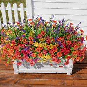 Artificial Flowers for Outdoors UV Resistant, 14 Bundles Fake Flowers Daisy with Lavender Faux Outdoor Plants Silk Flower for Outside Planters Patio Porch Window Garden Yard Spring Summer Decoration