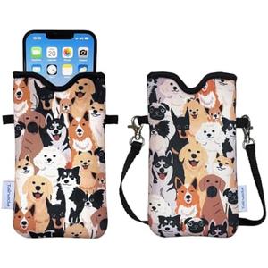 Tainada Men Women Neoprene Phone Sleeve Pouch Case Bag with Crossbody Strap/Neck Lanyard for iPhone 16/15/14 Pro Max, 16/15/14 Plus, 16e, Samsung S25+, A56, Google Pixel 9 (Doodle Dogs Style 2)