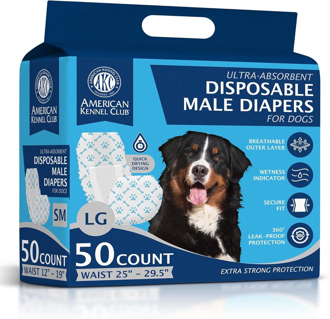 American Kennel Club Male Dog Wrap, Disposable Diapers with Wetness Indicator, Large, 50 Count (Large Waist 25 - 29.5 in)