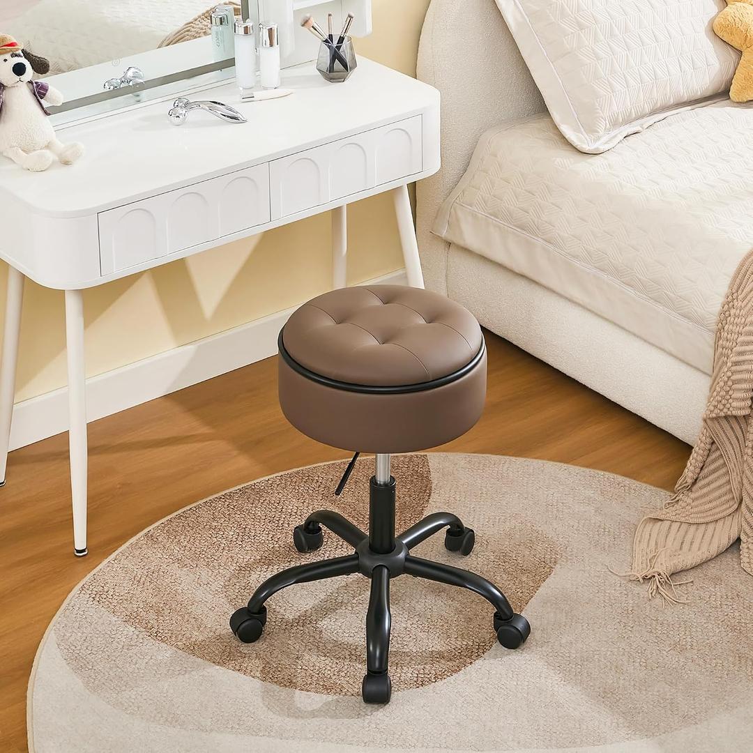 FIRAVOE Rolling Salon Stool with Storage, Adjustable Height 20.67"-24.61", 1PCS, Coffee Brown