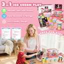 Ice Cream Toys Set, Pretend Play Shop Store, Ice Cream Counter with Light, Ice Cream Maker Playset, Cashier Toy with Sound, Kitchen Accessories Fake Food&Card, Gift for Toddlers Girls Boys 3+