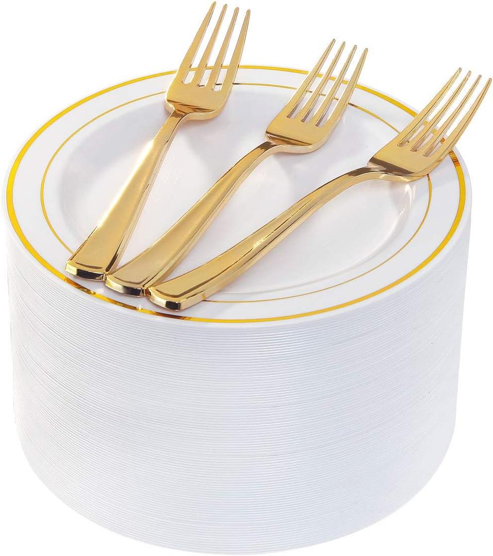 I00000 144 Small Plastic Dessert Plates Set Include 72 Pcs Gold Dessert Plates 7.5" with 72 Pcs Forks 7.5",Disposable Cake Plate,Fancy White Gold Plastic Small Plates for Party