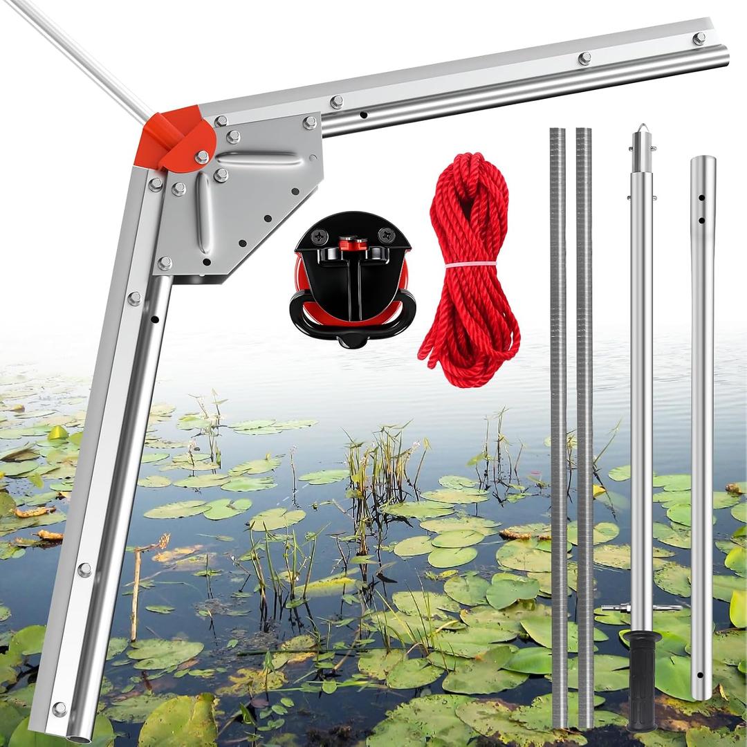 Lake Weed Cutter,Pond Plant Cutting Tool with Adjustable Cutting Angles | Aquatic Pond Rake with Sharp Razor Blades Shear Cattail,Reed, hragmites Lilly and Chara Algae,30 Foot Throw Rope, Small