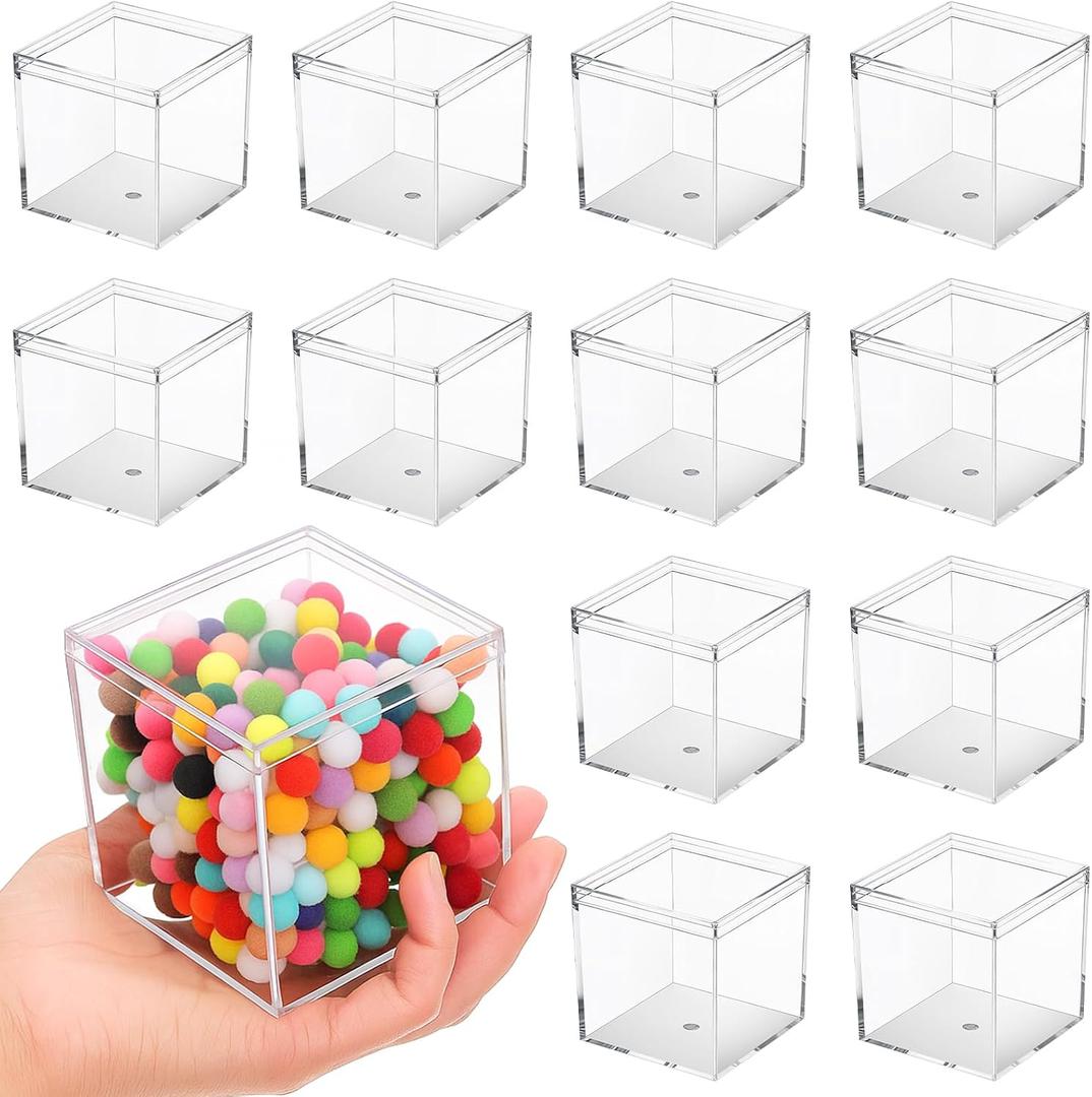 12 Pcs Clear Acrylic Box,Plastic Square Cube Boxes with Lids,Small Acrylic Storage Boxes Display Case Container for Candy Jewelry Tiny Items(Square,3 x 3 x 3)