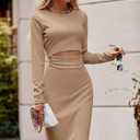 PRETTYGARDEN Women's Long Sleeve Midi Bodycon Dresses Casual Crewneck Cut Out Ribbed Knit Fitted Pencil Dress (L)