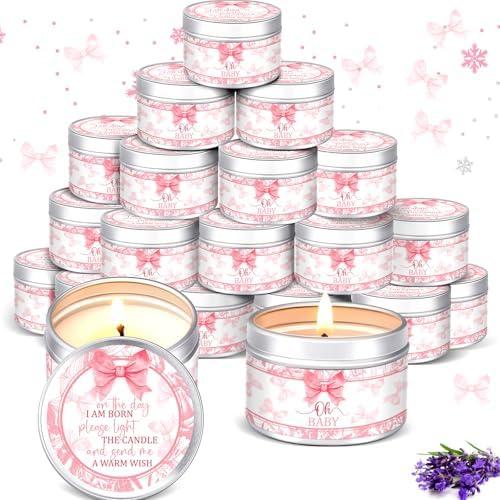MTLEE 24 Pcs Bow Baby Shower Party Favors Candles Lavender Scented Baby Shower Favors for Guests Rustic Tealights Candles Gender Reveal Return Gifts Girl Boy(1.2 Oz, Pink)