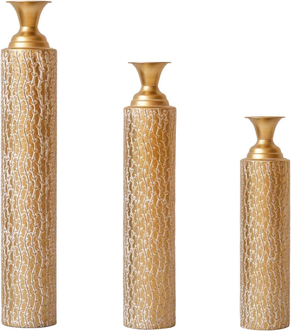 Holiday Decor Gift Set: 3-Piece Metal Vase Set for Christmas, Iron Decorative Vases for Artificial Flowers - Farmhouse Table Centerpiece for Home, Office, Festive Idea