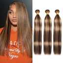 20 22 24 Inch Blonde Highlight Human Hair Bundles Straight Honey Blonde Hair Bundle Brazilian Virgin Bundles Straight Hair Weave for Black Women (Brown and Blonde,#P4/27)