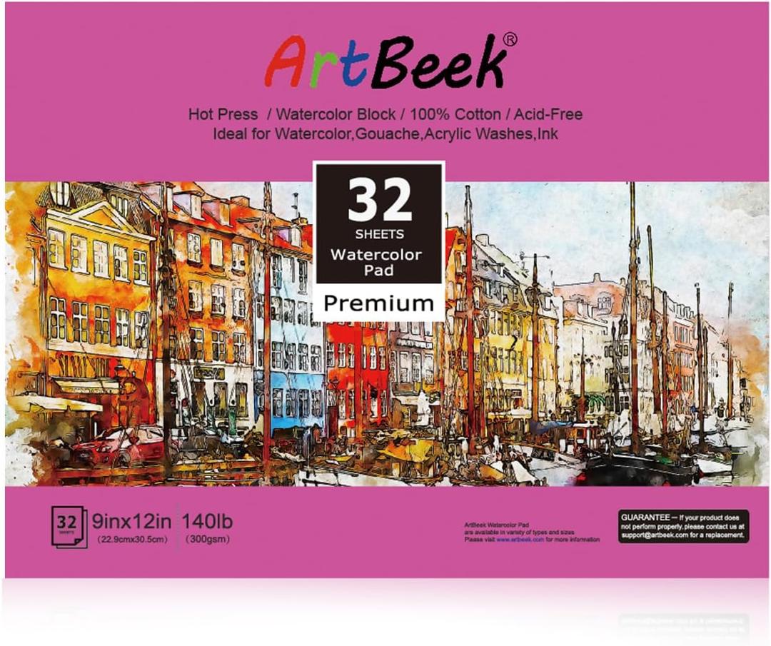 ArtBeek Watercolor Paper Block, Watercolor Block 100% Cotton Paper Pad 140g/300GSM (9X12 Hot Press)
