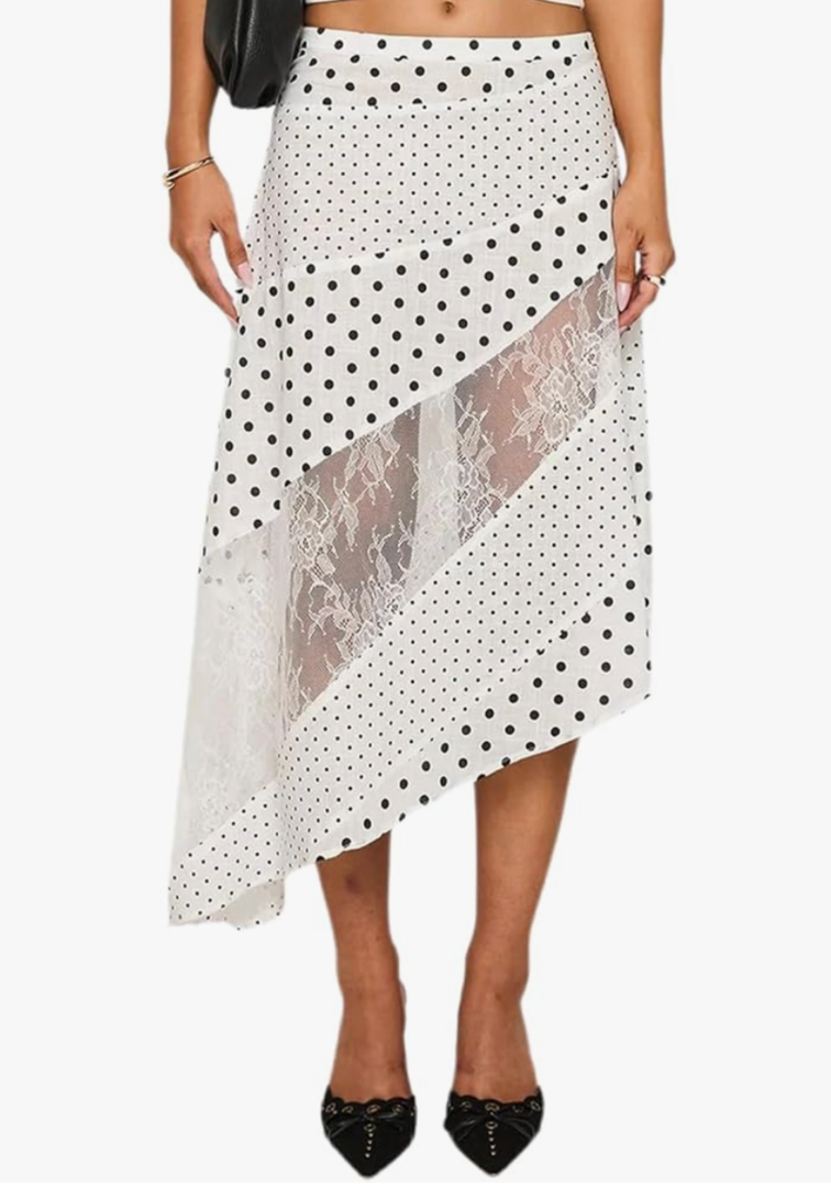 Women Lace Maxi Skirt Low Waist Asymmetrical Hem Patchwork Flowy Midi Skirt,M