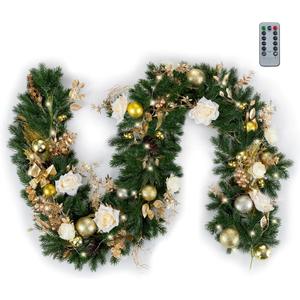 BLOSMON Christmas Garland with Lights for Decoration: 6ft Gold Lighted Garland for Mantle - Remote Timer 30 LEDs 8 Modes - Xmas Eucalyptus Ball Flower Garlands for Stairs Railing Table Outdoor Decor