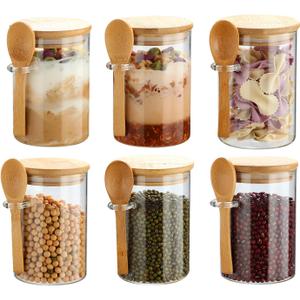 6 Pack Glass Jars with Bamboo Lids and Spoons for Loose Leaf Tea Storage, 17 OZ Overnight Oat Container with Lid and Scoop, Glass Canister Set as Tea Container for Loose Leaf Tea Holder
