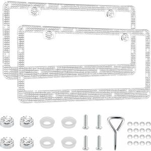 GaRhomxy Bling License Plate Frames for Women, 2 Pack Handcrafted Sparkly Rhinestone Car Accessories, Premium Stainless Steel Frame with 1000+ Faceted Glass Crystals & Free Glitter Caps (White)