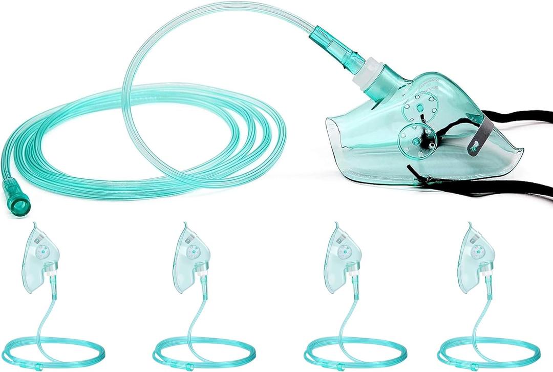 4 Packs Adult Europe Standard Oxygen Mask with 6.6' Tubing and Adjustable Elastic Strap - Size L+
