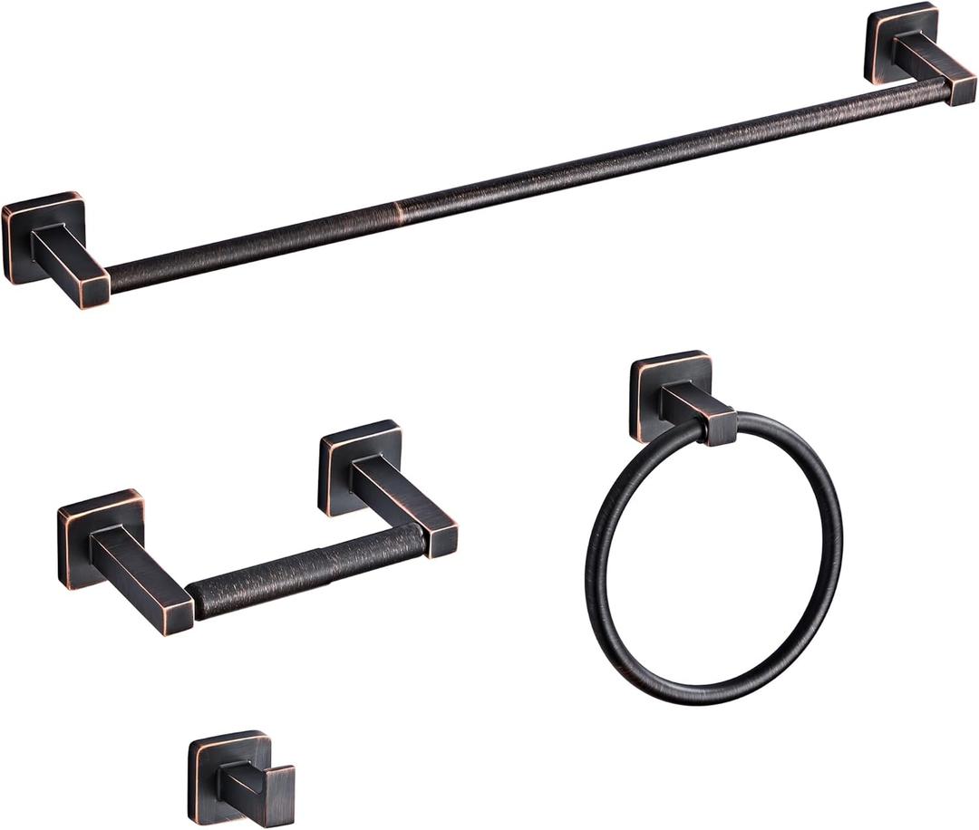 Bathroom Hardware Set 4 Pieces, Oil Rubbed Bronze Bathroom Accessories Set Stainless Steel Wall Mounted, Hand Towel Bar, Towel Ring, Robe Towel Hooks, Toilet Paper Holder, Towel Bar Set, 23.6 Inch