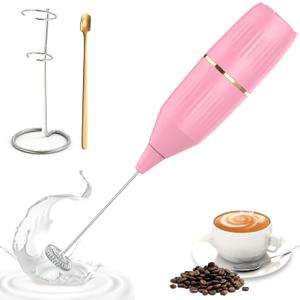 Homexup Handheld Milk Frother 14,000 RPM Drink Mixer Wand with Stand & Stirring Spoon Quiet One-Button Operation, Non-Slip Handle, Detachable Whisk Head for Coffee, Lattes, Cappuccinos, Matcha (Pink)