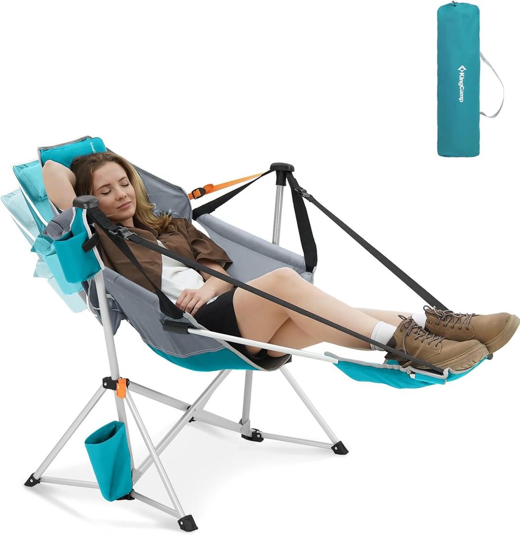 KingCamp Hammock Chair with Footrest  Heavy Duty Swinging Rocking Camping Chairs for Adults up to 400lbs, Folding Portable Oversized Rocker with Cup Holder & Pillow for Outdoor Beach Lawn RV Sports (Footrest Deluxe Cyan/Grey)