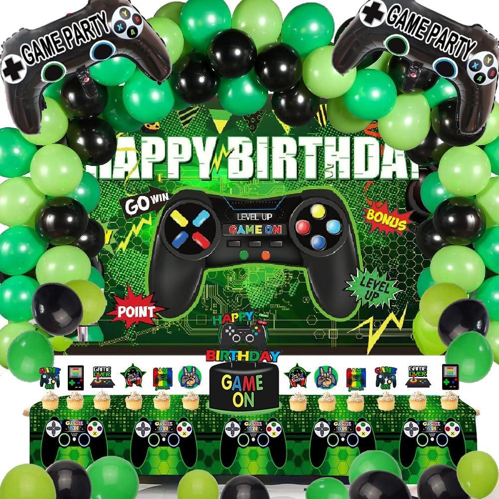 64 Pieces Video Game On Theme Party Supplies Sett: Decorations with Happy Birthday Gaming Backdrop, Game Table Covers, Cake Topper, Foil Gamer Balloons, Multi-Color Balloons. Perfect for Game Party!