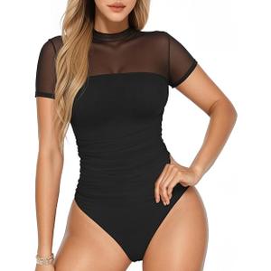 Womens Short Sleeve Bodysuits Mesh Body Suits Turtleneck Bodysuits Date Outfits 2025 Fashion, Extra Large, Black 