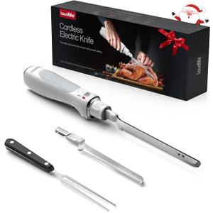 New Upgrade Cordless Electric Knife with Serrated Blade, Ergonomic & Safe Design with Comfortable Contoured Grip, USB-C Rechargeable, 70+ Min Runtime, Ideal for Turkey, Meat, Bread & Vegetables, White