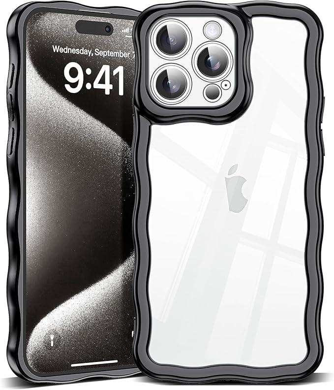 SKYLMW Compatible with iPhone 15 Pro Case, Kawaii Cute Curly Wave Frame Luxury Plating Edge, Stylish Glossy Clear Back, Soft TPU Shockproof Protective Cases for iPhone 15 Pro, Black