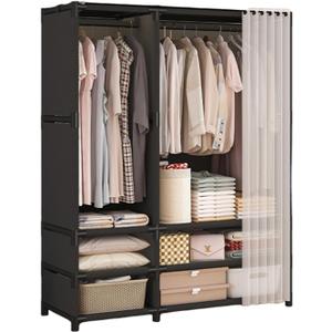 Portable Closet,Portable Closets for Hanging Clothes,Japanese Style Wardrobe with 2 Hanging Rods,6 Storage Shelves,43.3" L x 17.7" W x 65.1" H,Black