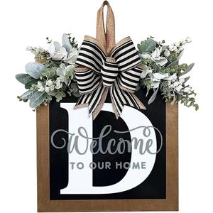 Last Name Year Round Front Door Wreath Front Porch Decoration 26 Letter Welcome Sign with Eucalyptus Garland and Bow Spring Wreaths for Front Door Outside Hanger Garland (D)