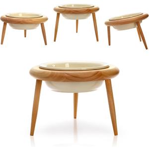 DEAYOU Ceramic Cat Bowl Adjustable, Tilted Elevated Raised Pet Dish, No Spill Pet Food Water Feeder, Slanted Dog Bowl with Wood Stand for Kitty, Pet Supplies, Stress Free, 600 ML/20 OZ, Cream White