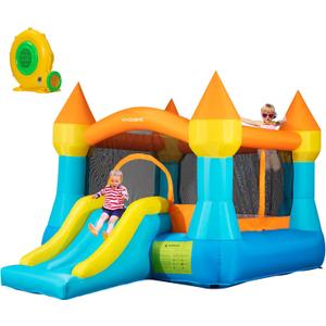 White Bounce House with Blower Included, 9x9x7FT Inflatable Bounce House Castle with Ball Pit and Slide,Small Jumper Bouncy Castle, Fun for Kids Birthday Party