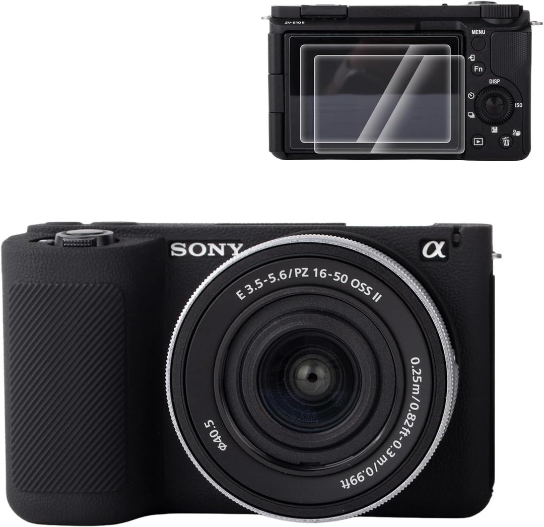 Rieibi Silicone Protective Case Compatible with Sony ZV-E10 II Camera case with 2PCS Screen Protector, Lightweight Camera Case Enhanced Grip Sensation for Sony ZV-E10 II case (Black)