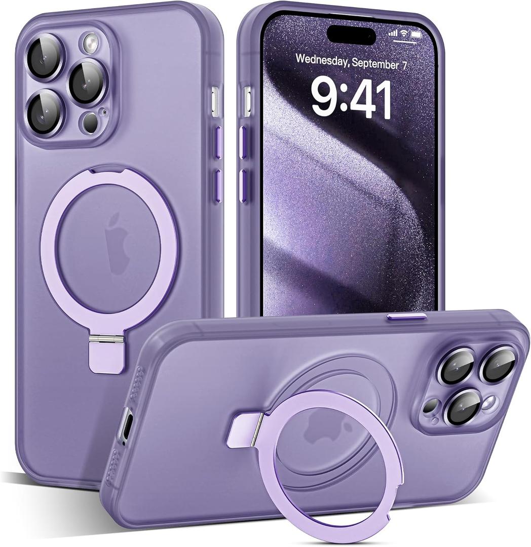 Designed for iPhone 13 Pro Max Case with Magnetic Invisible Ring Stand [Military Drop & Full Camera Lens Protection] [Compatible with Mag-Safe] Matte Translucent Slim Phone Cases 6.7",Purple