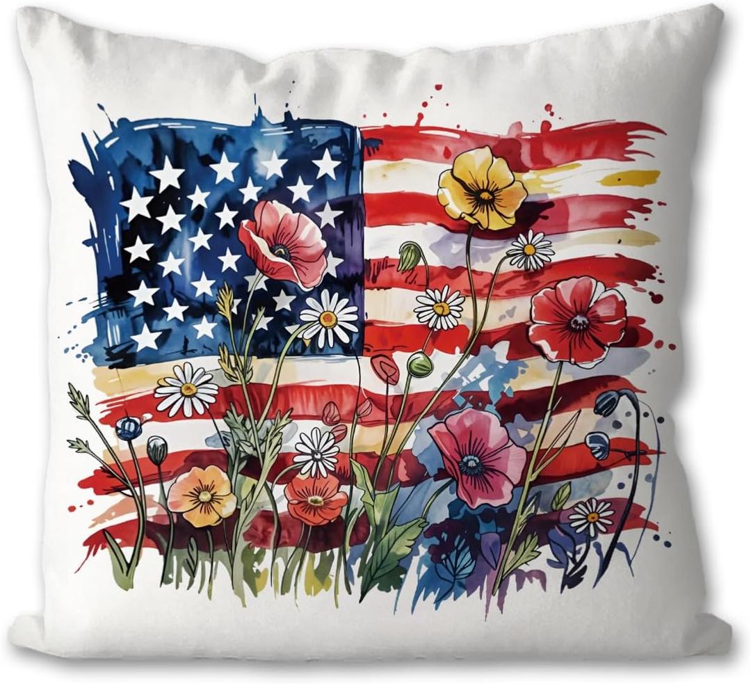 Patriotic Red White and Blue Floral Throw Pillow Covers, Americana Patriotic Independence Day 4th of July Decorations, Memorial Day Decor for Bedroom Couch,American Flag Pillow Covers 18x18