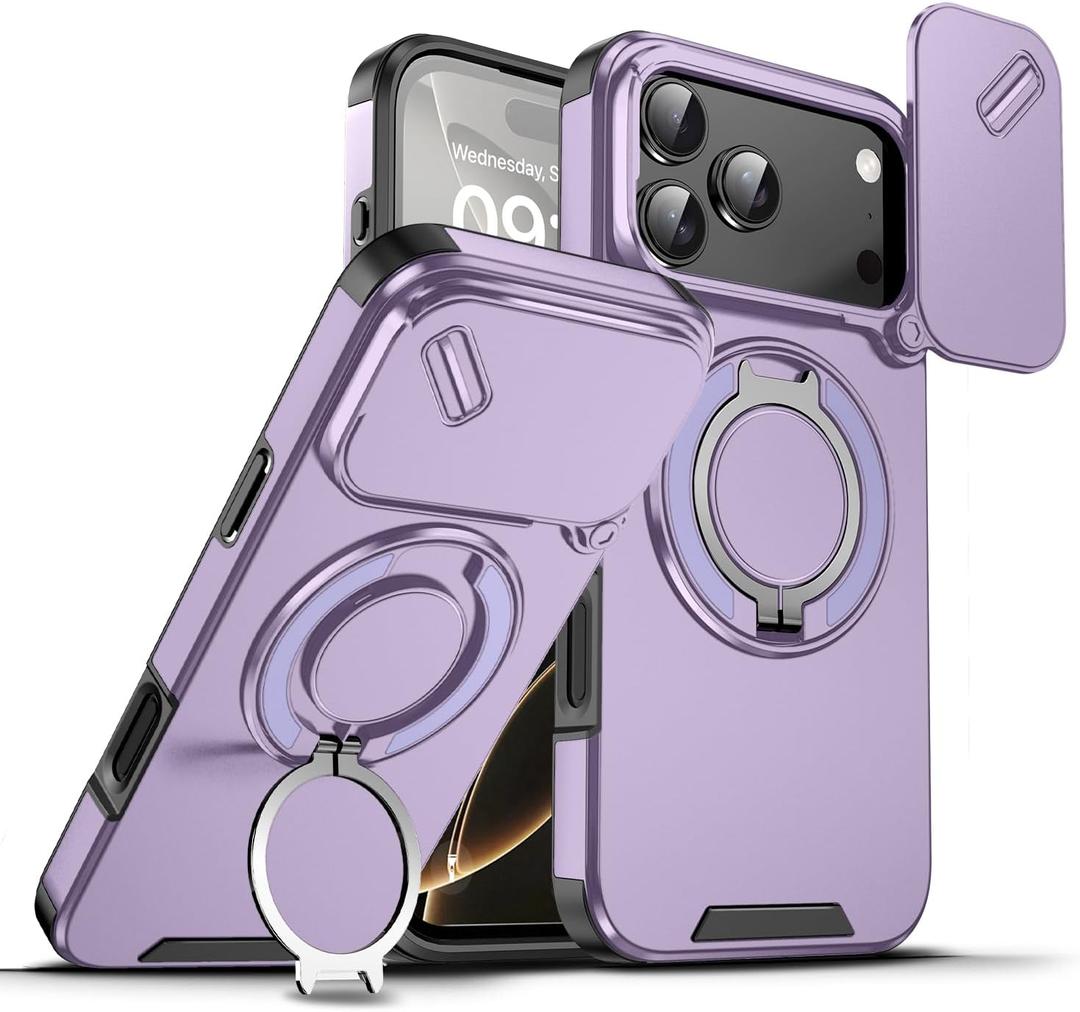 Doulings Magnetic Series Designed for iPhone 17 Pro Max Case,Rugged 360 Rotatable Ring with Invisible Holder Stand,Compatible with magsafe,Slide Camera Cover&Military Grade Protection,Purple