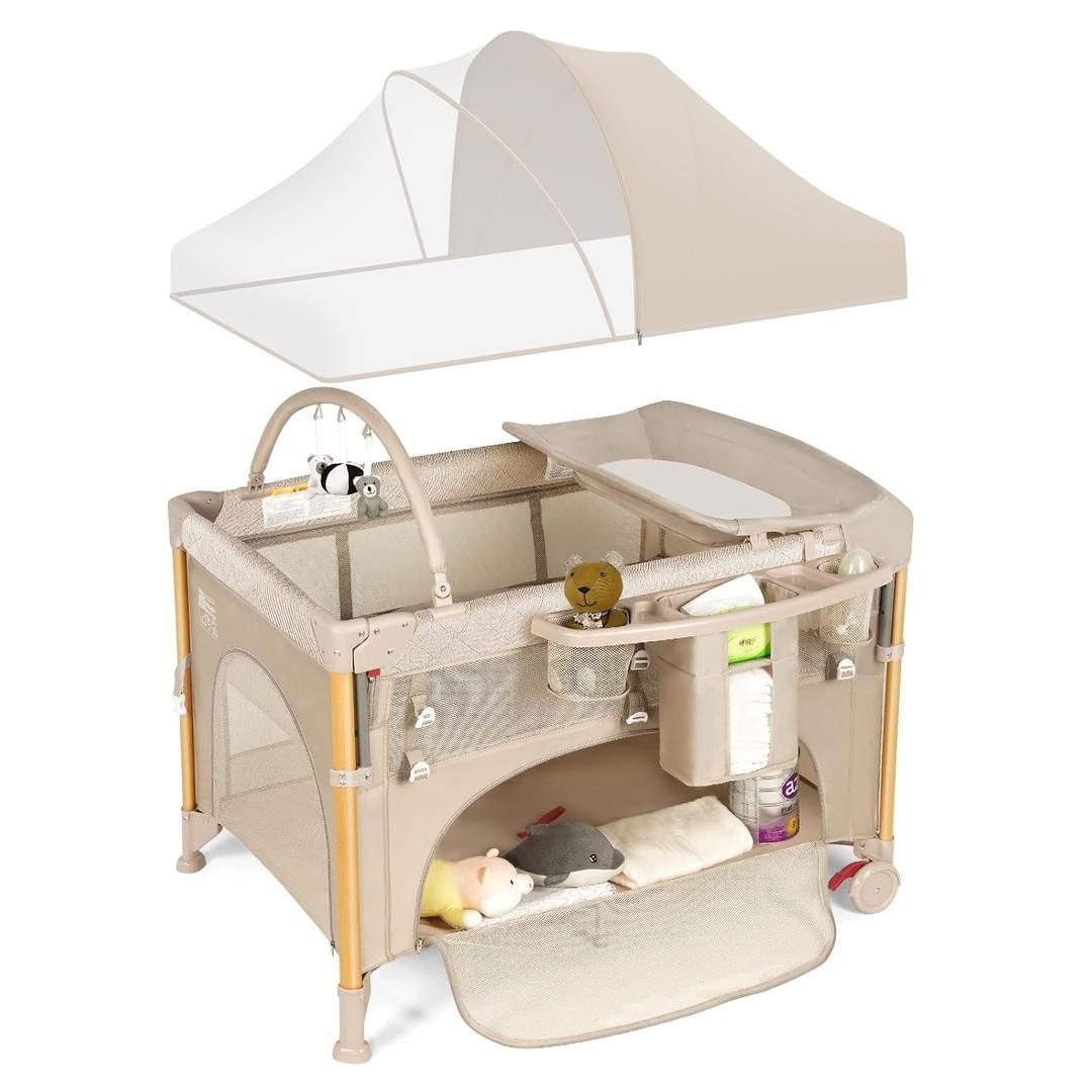 Baby Bassinet 5 in 1 Pack and Play,Baby Crib Portable,Beside Sleeper,Beige