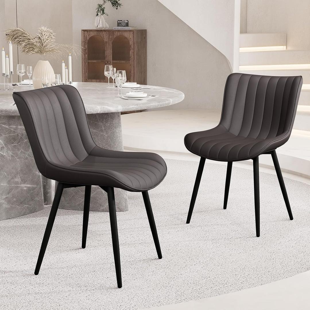YOUNUOKE Dining Chairs Set of 2 Upholstered Mid Century Modern Kitchen Chair Comfortable Armless Faux Leather Accent Chair with Metal Legs for Guest Waiting Reception Living Room, Dark Brown, Seat: 17.7" X 19.3" X 18.9", Height: 31.1"
