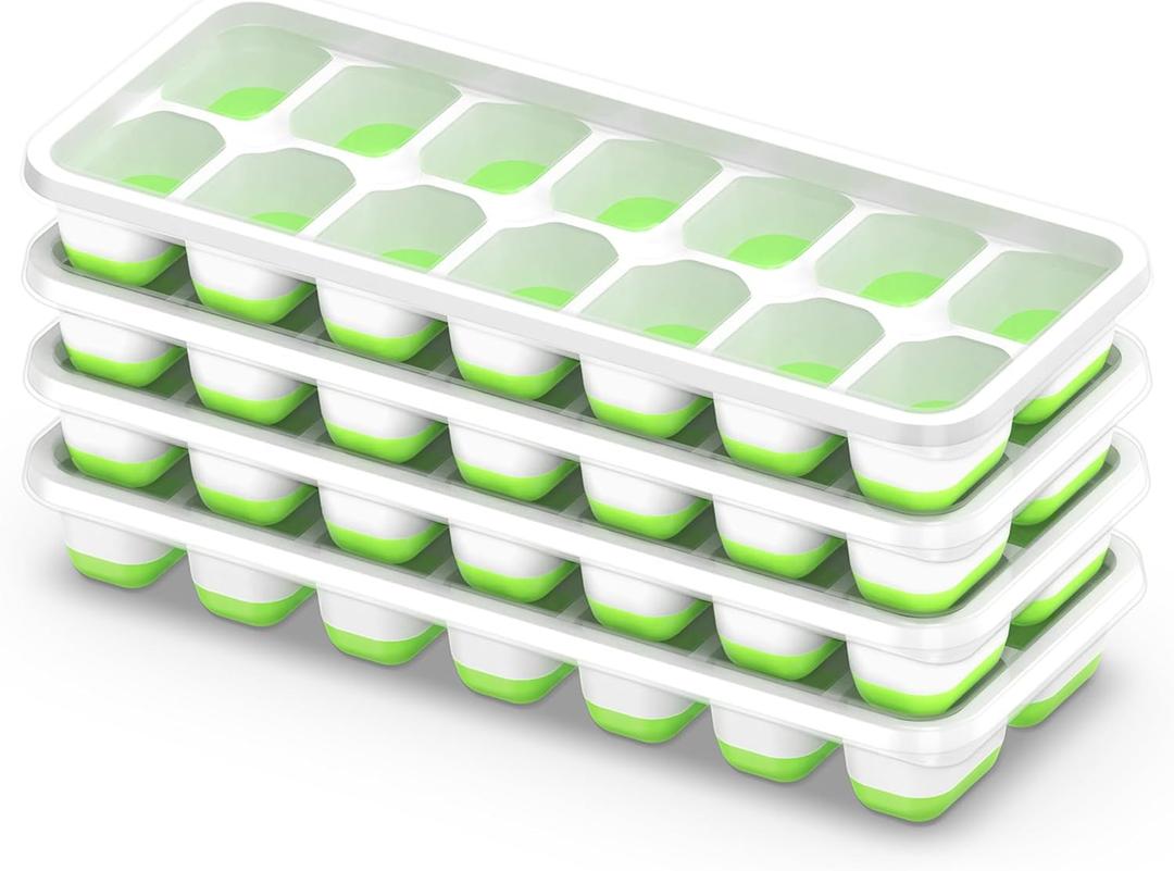 Ice Cube Tray with Lid, 4 Packs 56 Cubes Durable Stackable Ice Cube Trays for Freezer with Removable Lids, Easy-Release Plastic & Silicone Ice Tray for Cocktail, Coffee (Green)