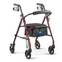 Medline Steel Rollator Walker with Seat, Burgundy, 350 lb. Weight Capacity, 6 Wheels, Foldable, Adjustable Handles, Rolling Walker for Seniors, Walker for Mobility Impaired