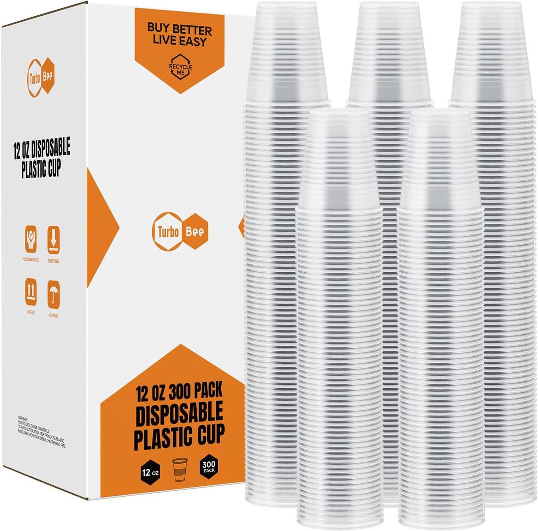 Turbo Bee 12oz Plastic Cups 300 PackDisposable Clear Drinking Cups for Home, School, Office & EventsTransparent Tumblers for Drinks, Samples & Commercial Use