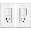 BESTTEN 2 Pack Combination Wall Light Switch and Decor Outlet, Single Pole Rocker Switch, 15A/120V, Decorative Receptacle, 15A/125V, Combo Style, Wallplate Included, Side Wire, UL Listed, White