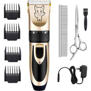 Dog Grooming Kit Clippers, Low Noise, Electric Quiet, Rechargeable, Cordless, Pet Hair Thick Coats Clippers Trimmers Set, Suitable for Dogs, Cats, and Other Pets (Gold)