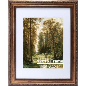 12x16 Vintage Gold Picture Frame, Ornate Victorian Frames for Gallery Wall or Tabletop with Real Glass, Display Art 8.5x11 with Mat or 12x16 without Mat for Antique Dco